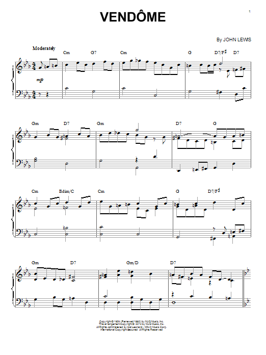 Modern Jazz Quartet Vendome (arr. Brent Edstrom) sheet music notes and chords arranged for Piano Solo