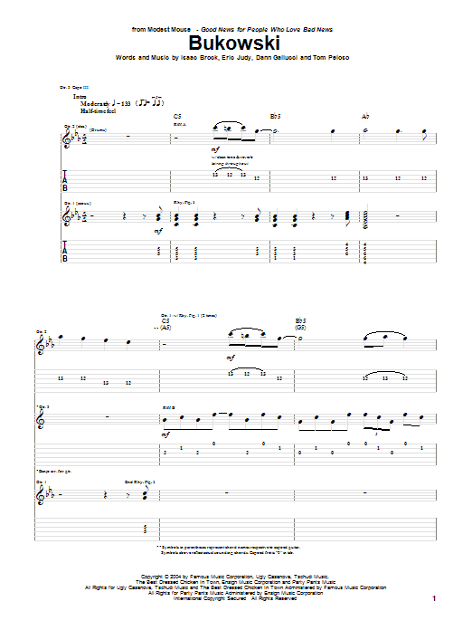Modest Mouse Bukowski sheet music notes and chords arranged for Guitar Tab