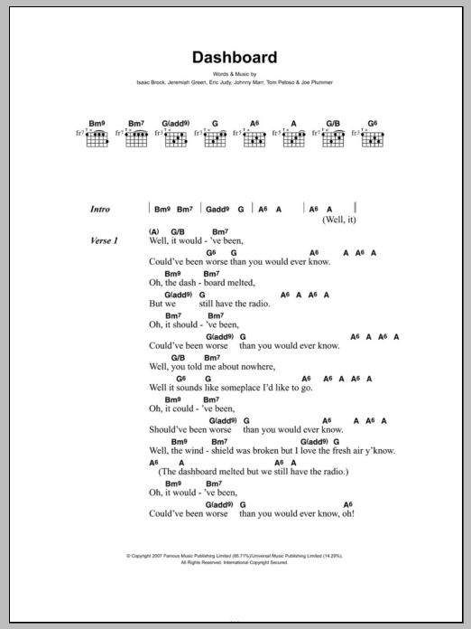 Modest Mouse Dashboard sheet music notes and chords arranged for Guitar Chords/Lyrics