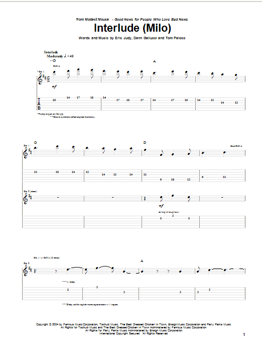 Modest Mouse Interlude (Milo) sheet music notes and chords arranged for Guitar Tab