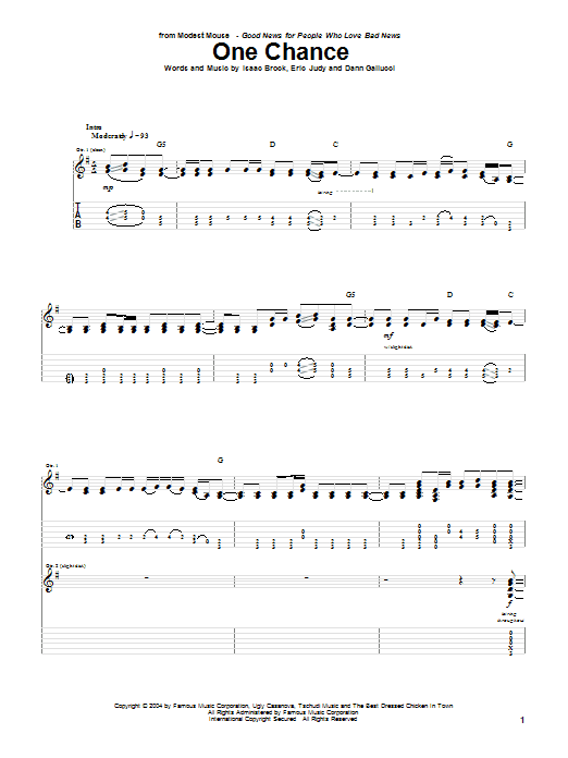 Modest Mouse One Chance sheet music notes and chords arranged for Guitar Tab