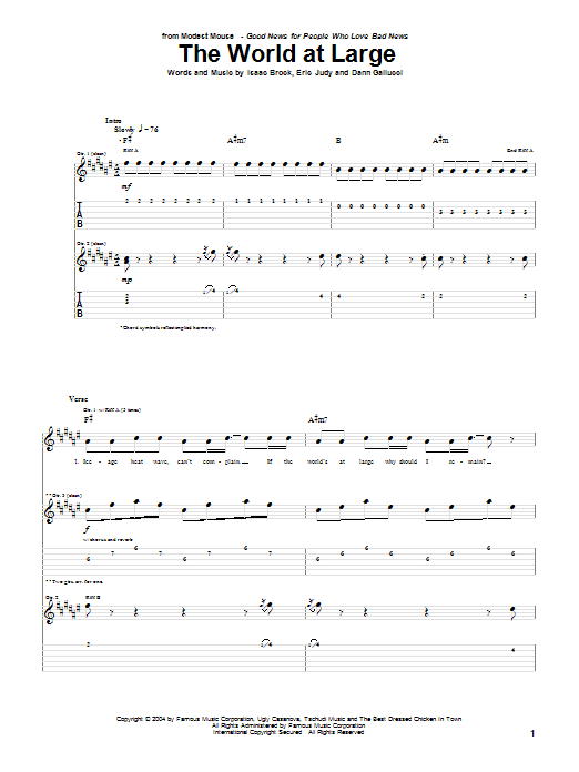 Modest Mouse The World At Large sheet music notes and chords arranged for Guitar Tab
