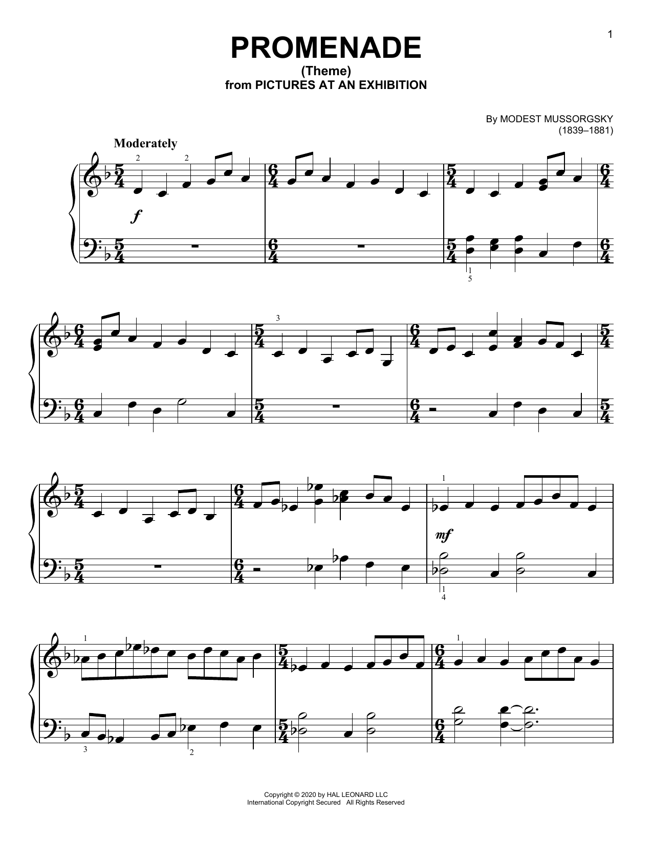 Modest Moussorgsky Promenade Theme sheet music notes and chords arranged for Violin Duet