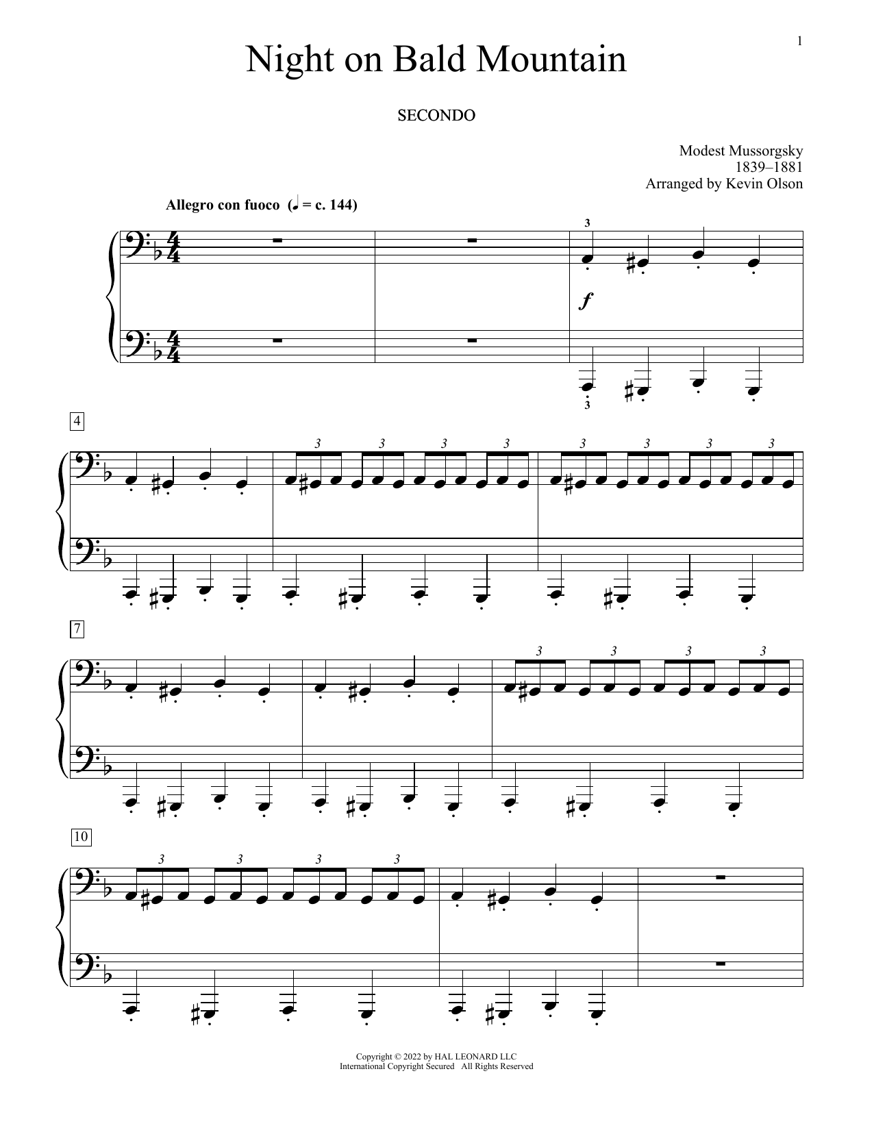 Modest Mussorgsky Night On Bald Mountain (arr. Kevin Olson) sheet music notes and chords arranged for Piano Duet