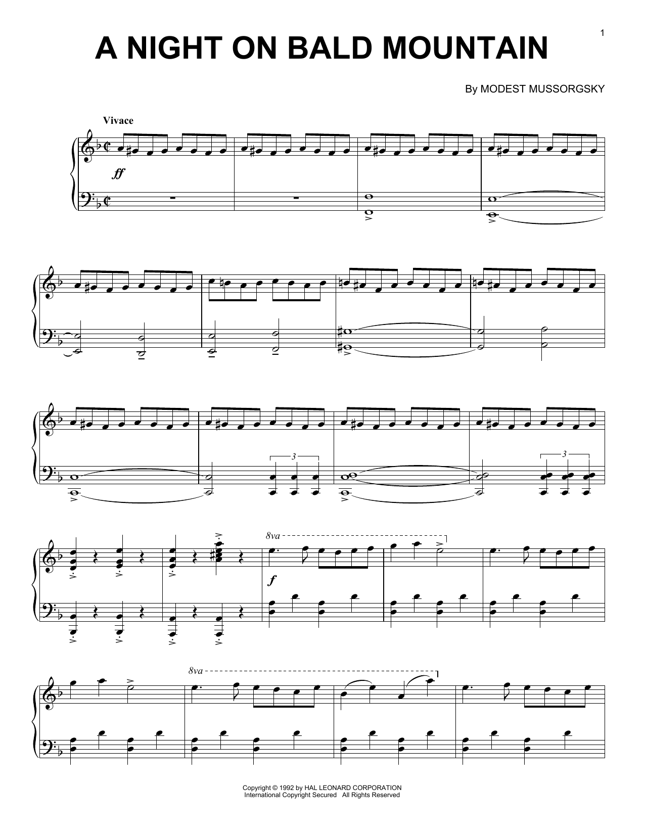 Modest Mussorgsky Night On Bald Mountain (from Fantasia) sheet music notes and chords arranged for Piano Solo