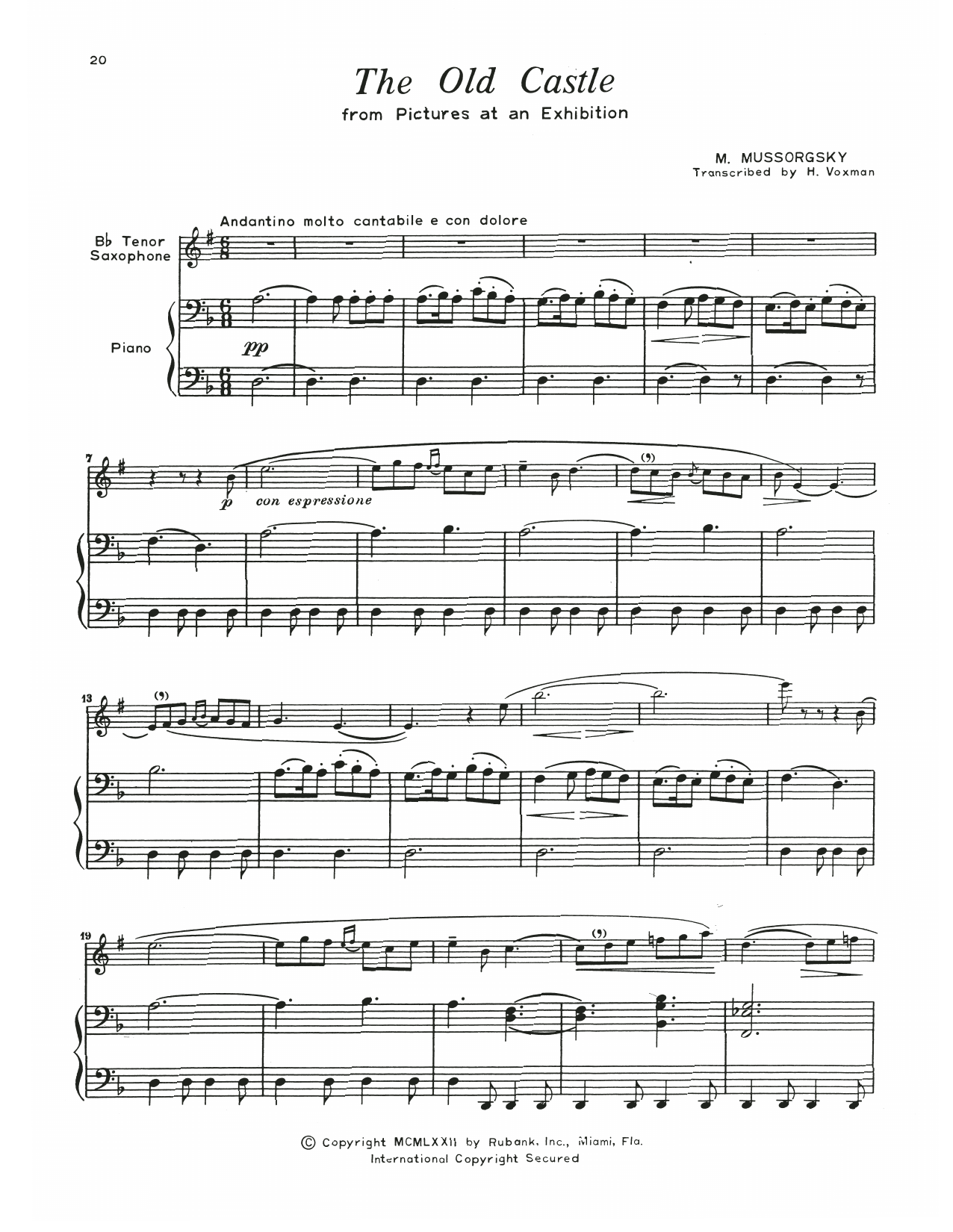 Modest Mussorgsky The Old Castle sheet music notes and chords arranged for Tenor Sax and Piano