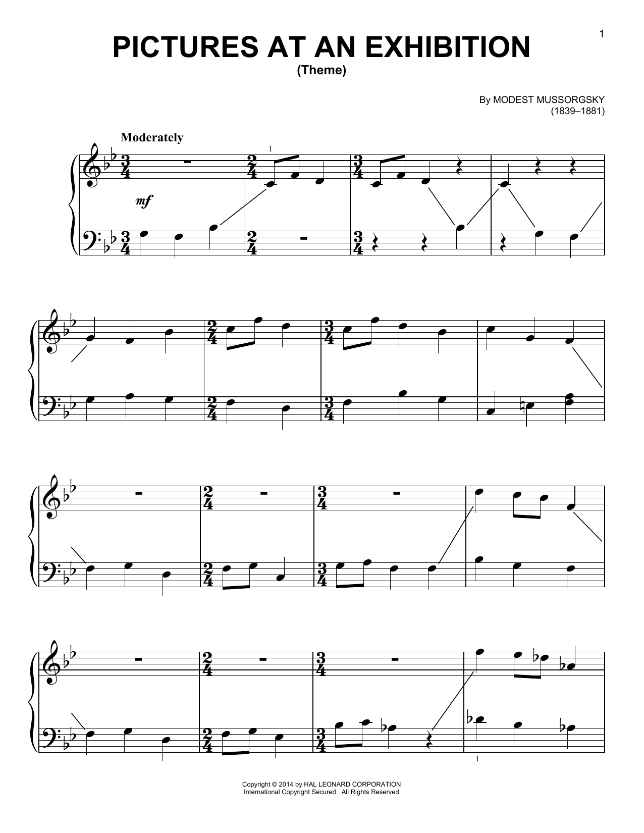 Modest Mussorgsky Theme-Pictures At An Exhibition sheet music notes and chords arranged for Easy Piano