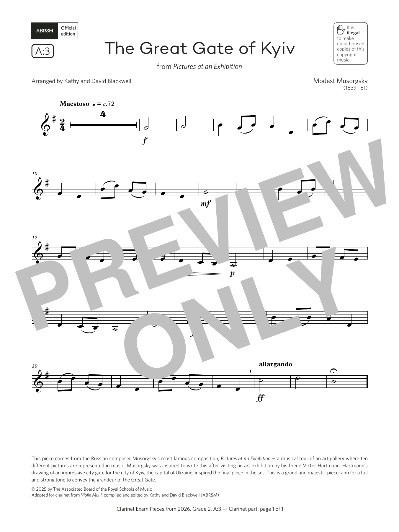 Modest Petrovich Musorgsky The Great Gate of Kyiv (Grade 2, list A3, from the ABRSM Clarinet Syllabus from 2026) sheet music notes and chords arranged for Clarinet Solo