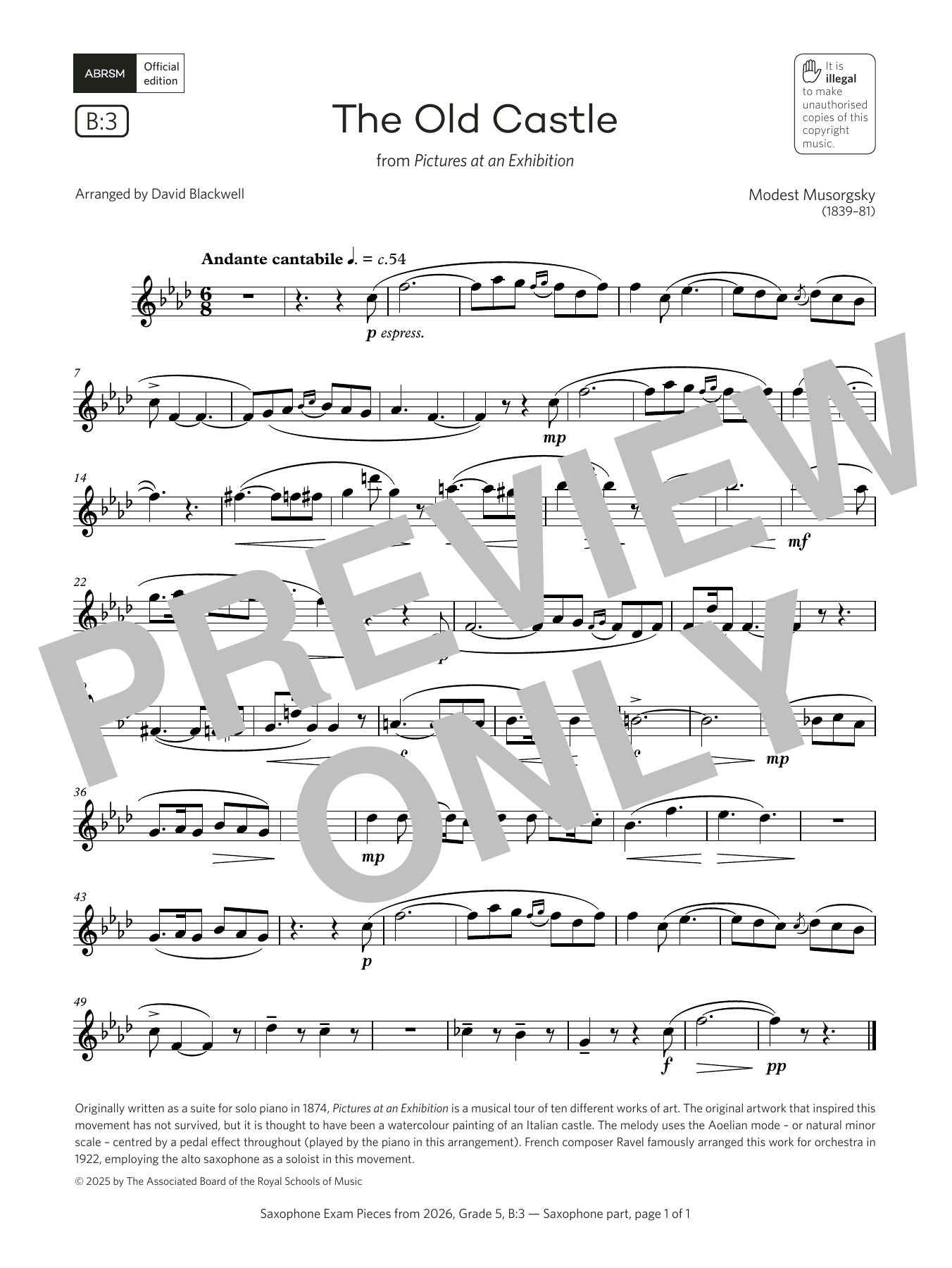 Modest Petrovich Musorgsky The Old Castle (Grade 5, list B3, from the ABRSM Saxophone Syllabus from 2026) sheet music notes and chords arranged for Alto Sax Solo