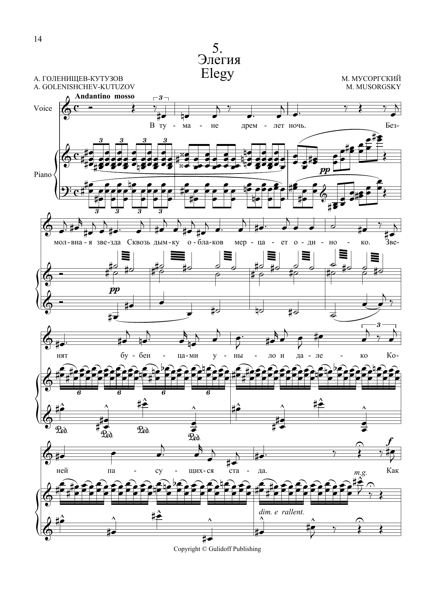 Modest Petrovich Mussorgsky Elegy, No. 5 from the Sunless song cycle sheet music notes and chords arranged for Piano & Vocal