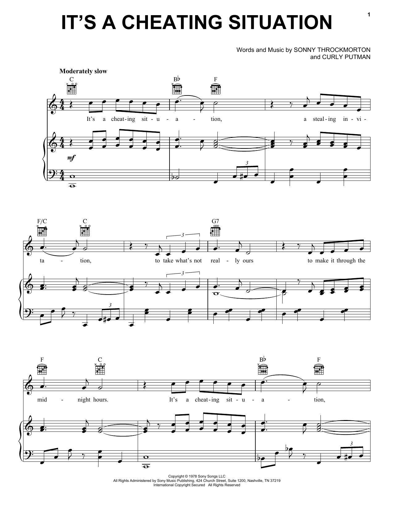 Moe Bandy It's A Cheating Situation sheet music notes and chords arranged for Piano, Vocal & Guitar Chords (Right-Hand Melody)