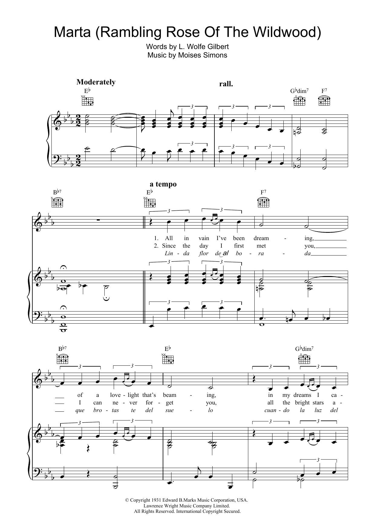 Moises Simons Marta (Rambling Rose Of The Wildwood) sheet music notes and chords arranged for Piano, Vocal & Guitar Chords