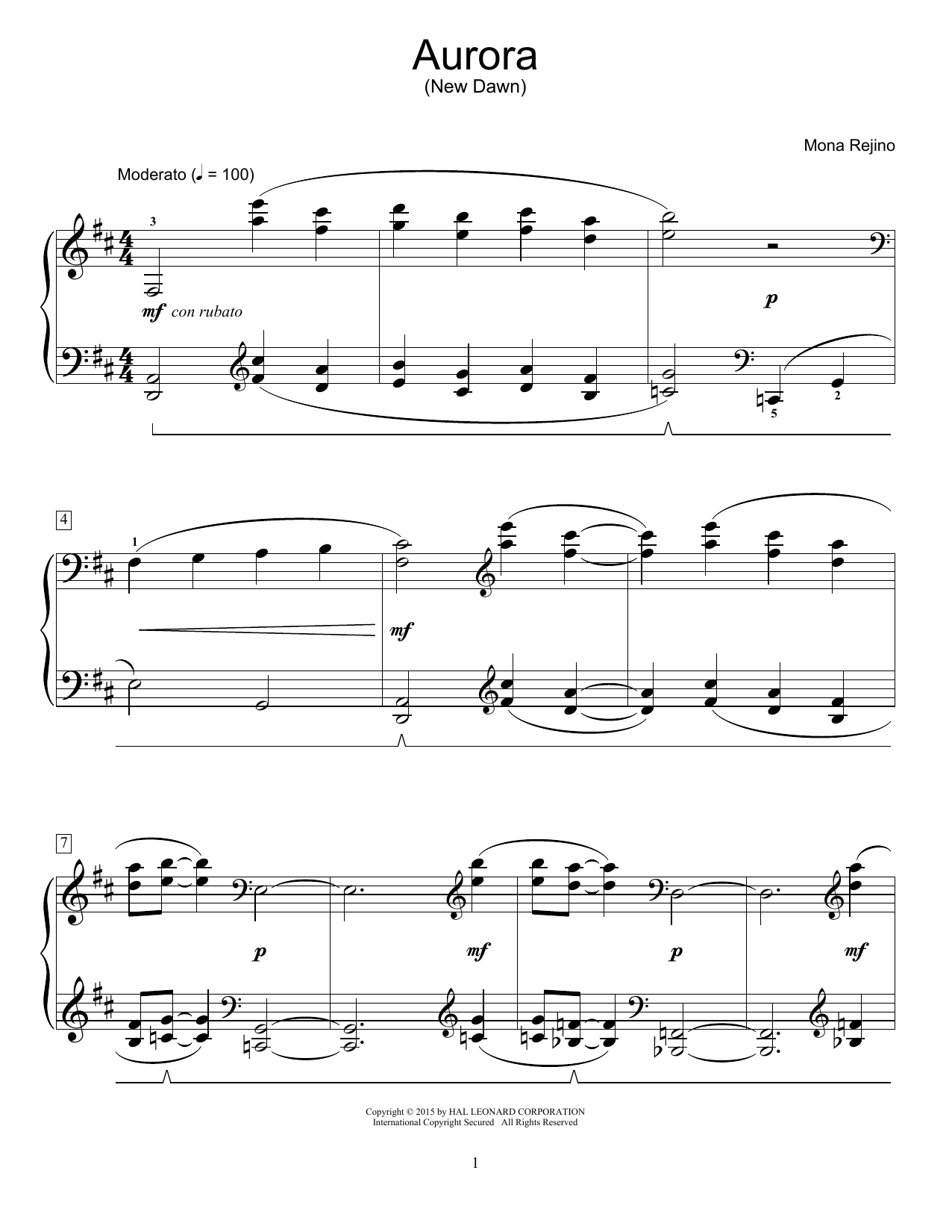 Mona Rejino Aurora (New Dawn) sheet music notes and chords arranged for Educational Piano
