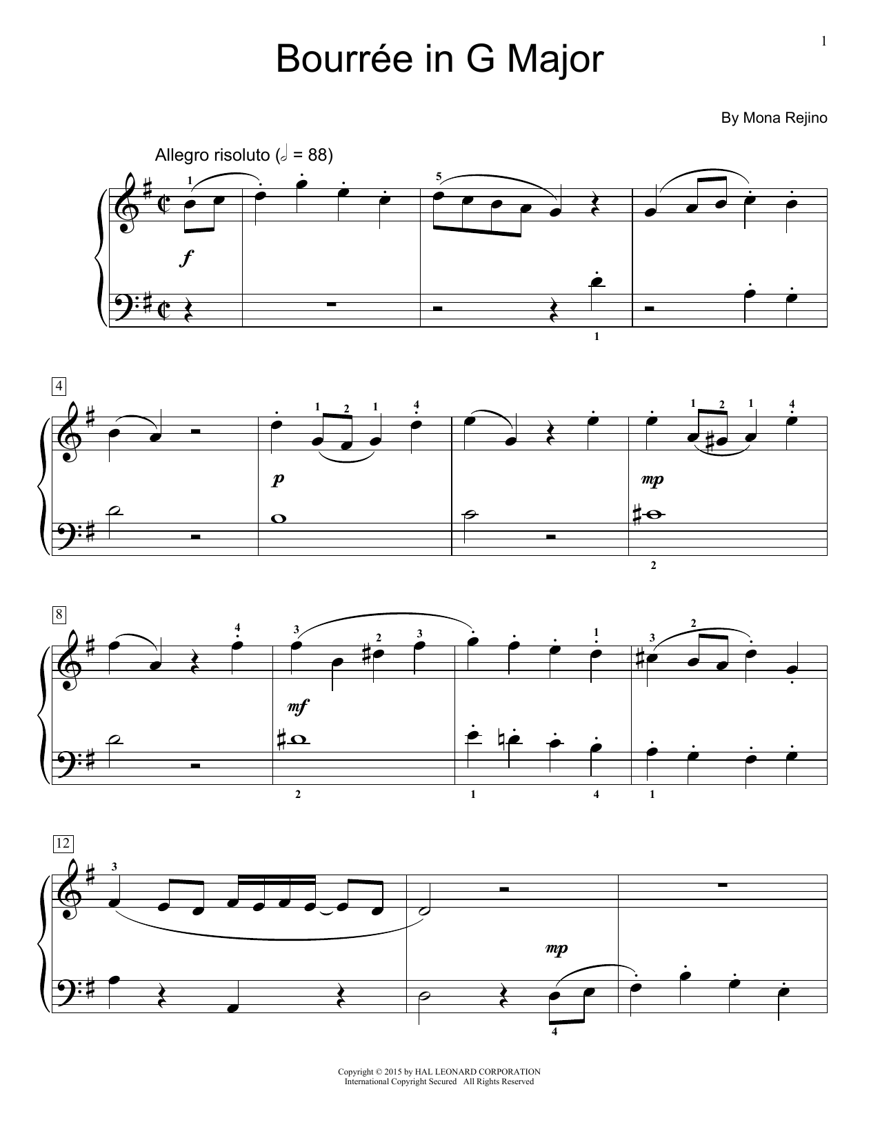 Mona Rejino Bourre In G Major sheet music notes and chords arranged for Educational Piano