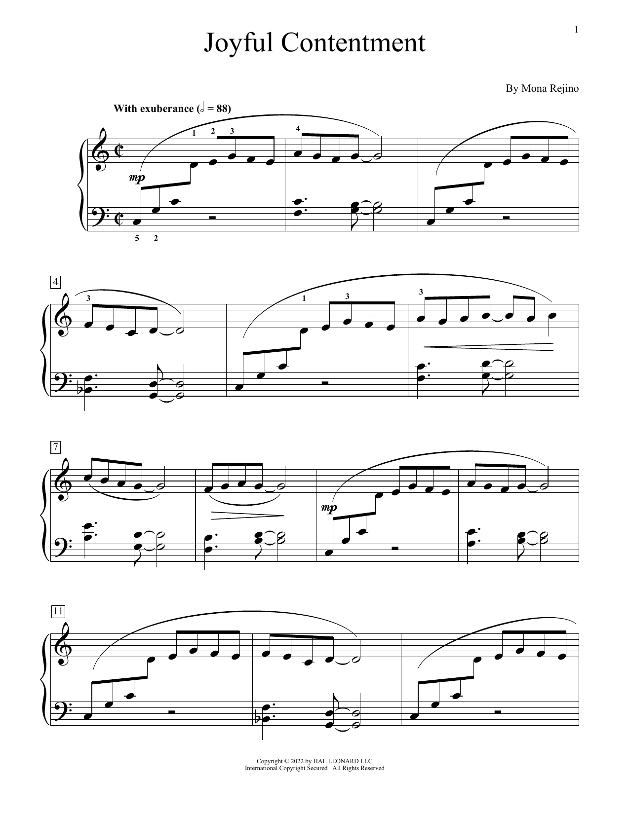 Mona Rejino Joyful Contentment sheet music notes and chords arranged for Educational Piano