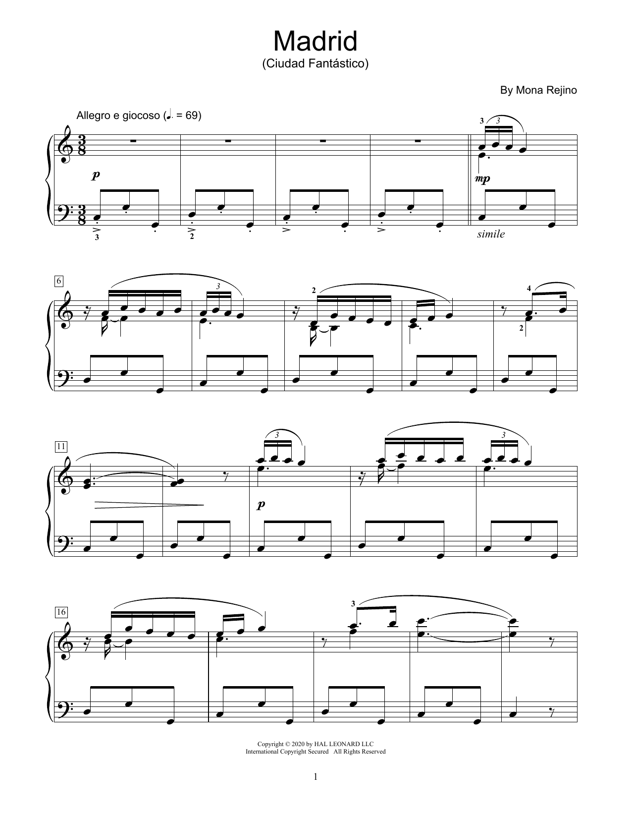 Mona Rejino Madrid (Ciudad Fantastico) sheet music notes and chords arranged for Educational Piano
