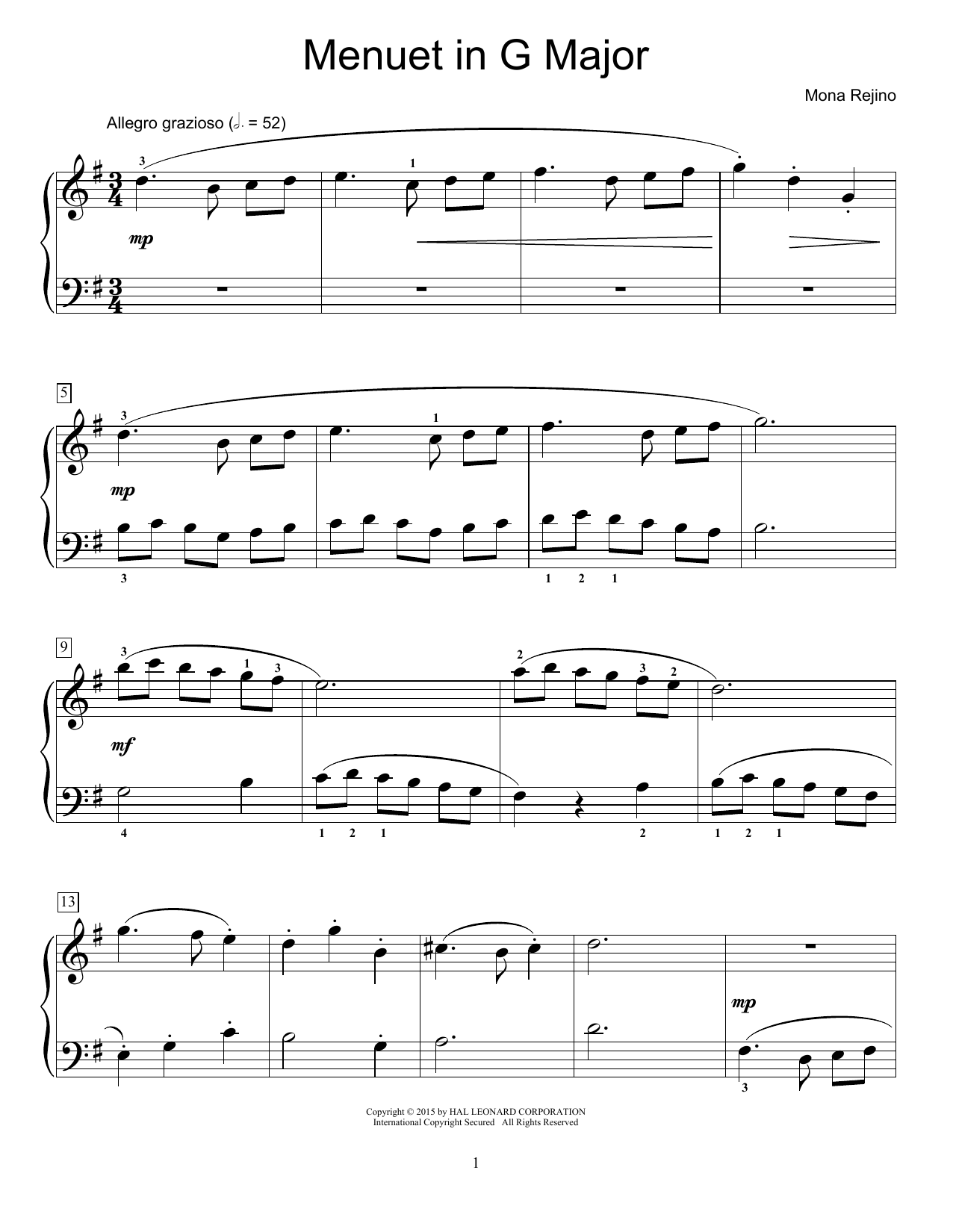 Mona Rejino Menuet In G Major sheet music notes and chords arranged for Educational Piano