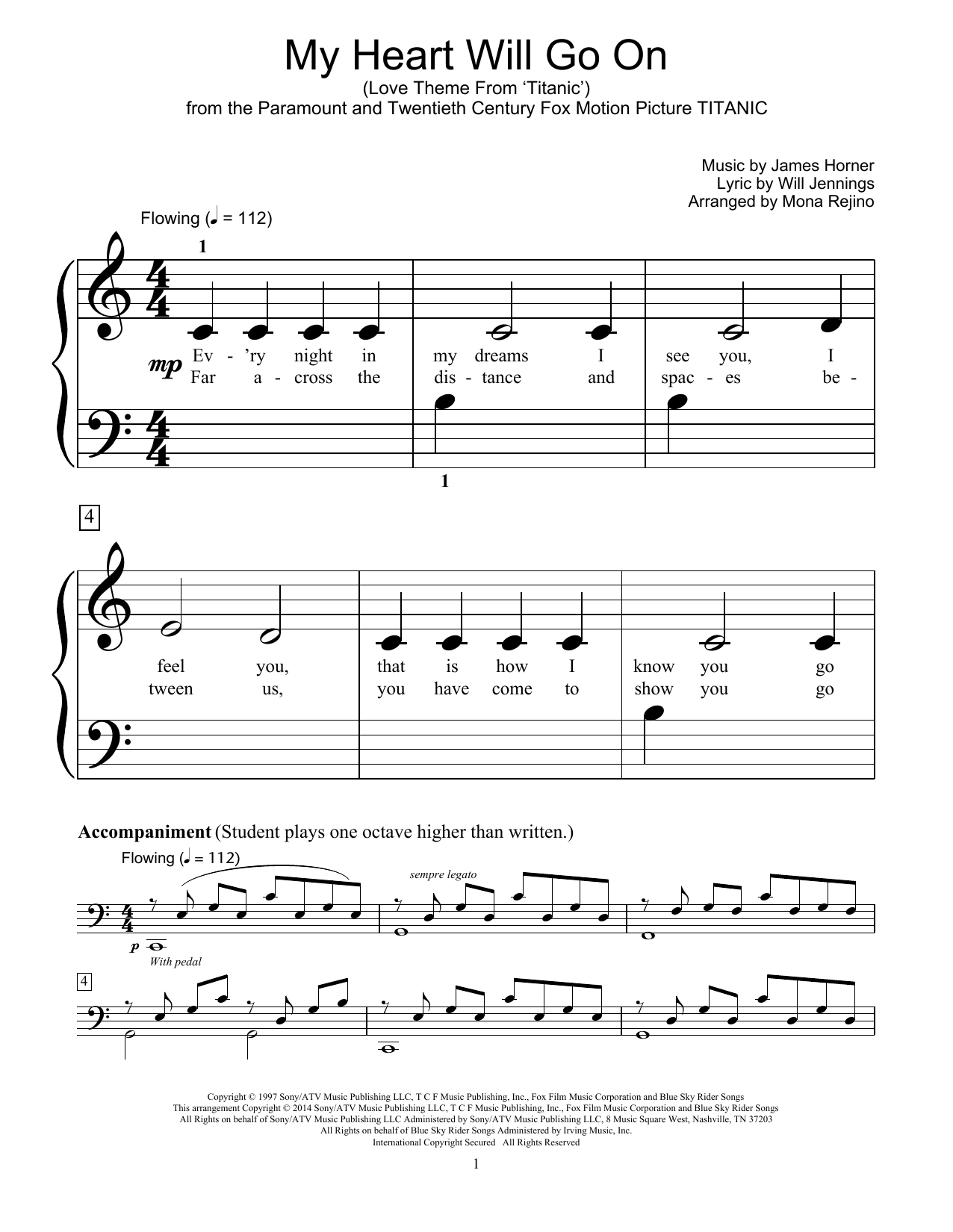 Mona Rejino My Heart Will Go On (Love Theme from Titanic) sheet music notes and chords arranged for Educational Piano