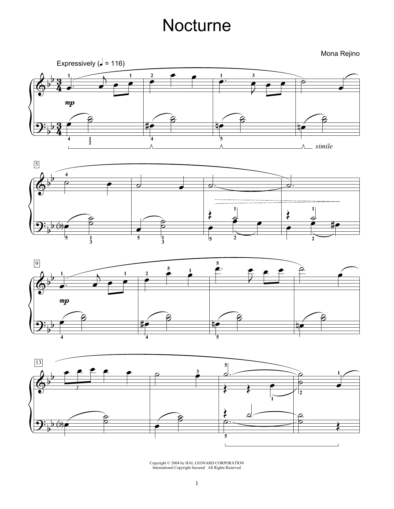 Mona Rejino Nocturne sheet music notes and chords arranged for Educational Piano