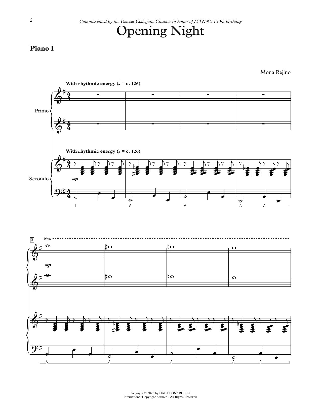 Mona Rejino Opening Night sheet music notes and chords arranged for Piano Duet