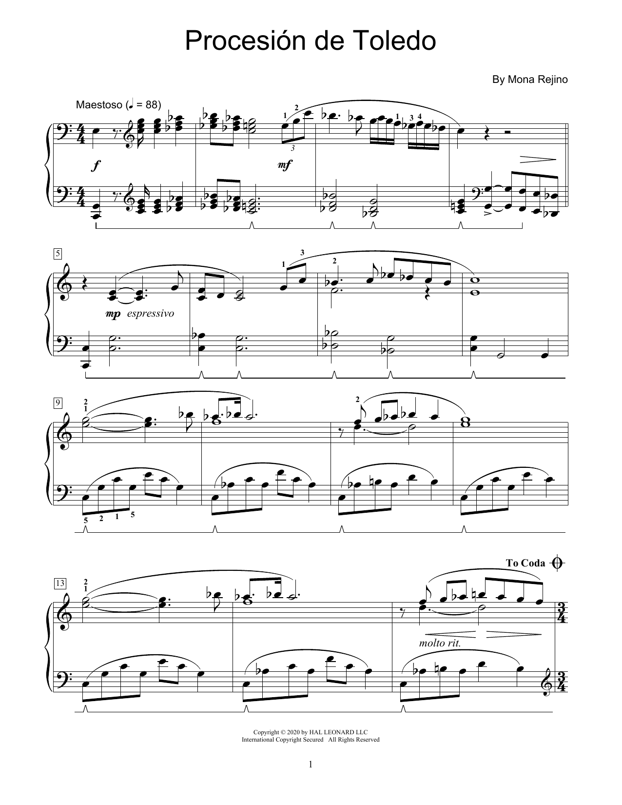 Mona Rejino Procesion De Toledo sheet music notes and chords arranged for Educational Piano