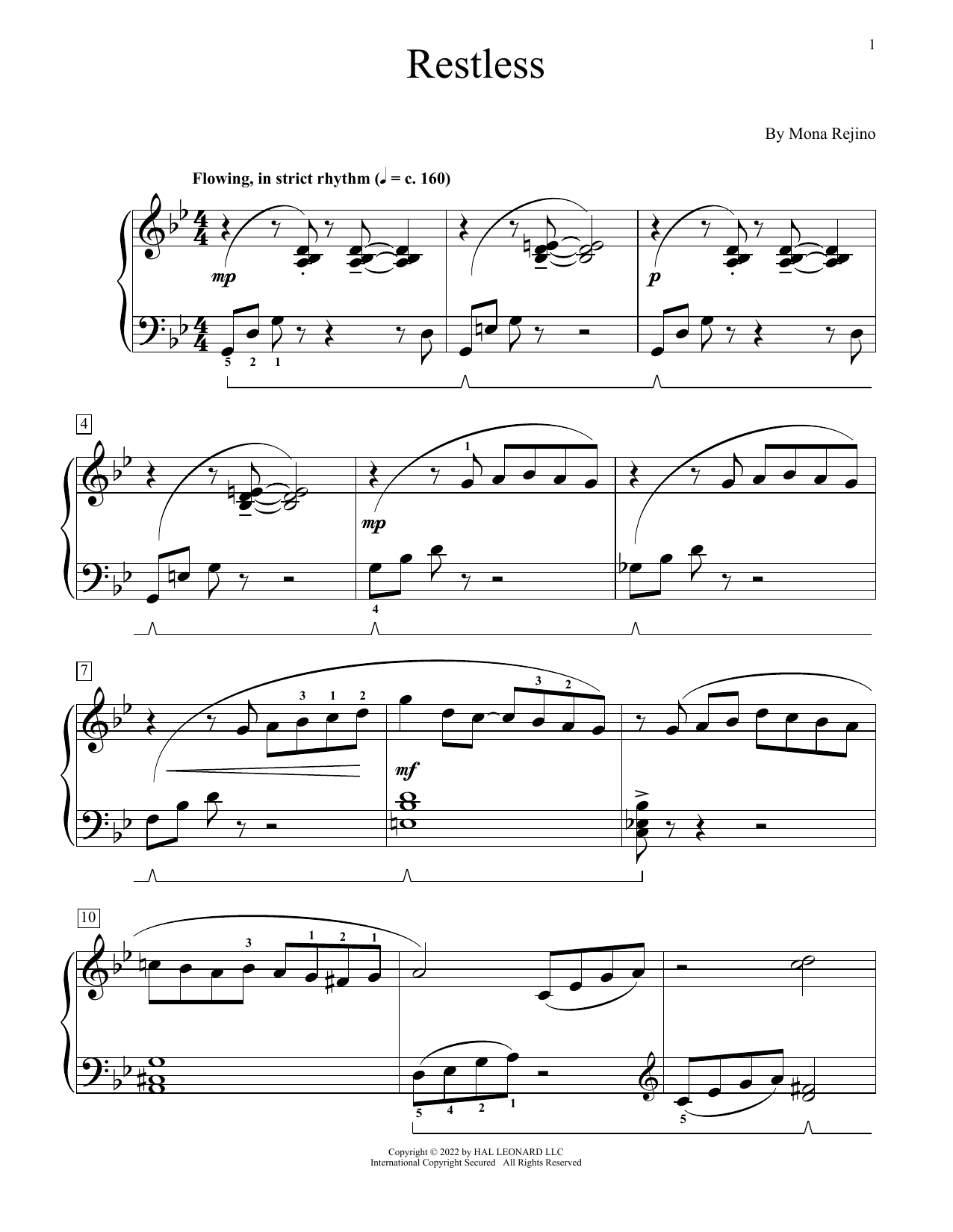 Mona Rejino Restless sheet music notes and chords arranged for Educational Piano
