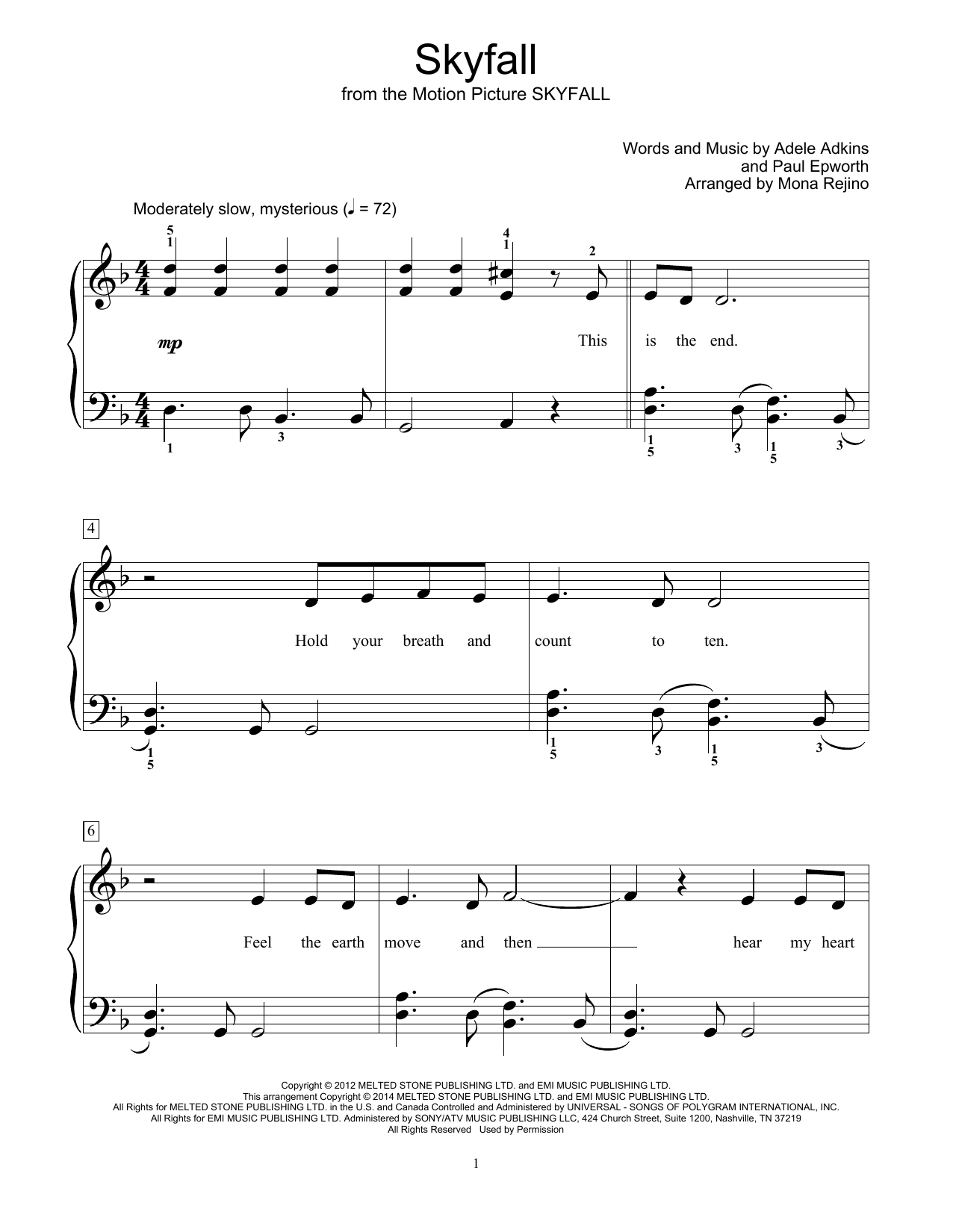 Mona Rejino Skyfall sheet music notes and chords arranged for Educational Piano