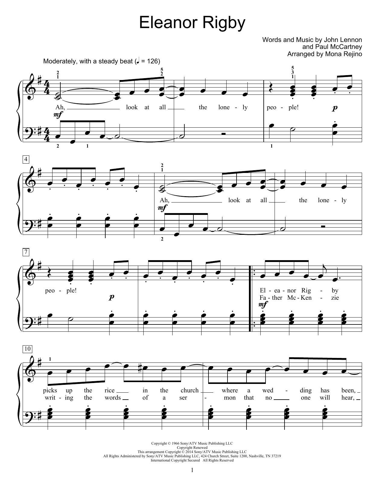 Mona Rejino Eleanor Rigby sheet music notes and chords arranged for Educational Piano