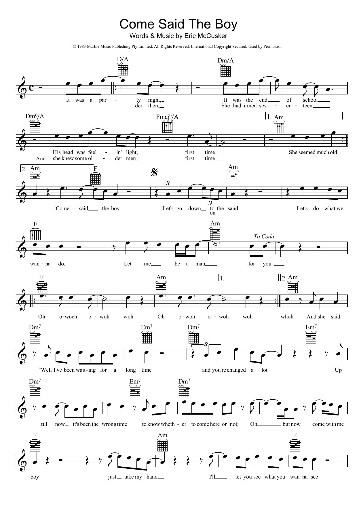 Mondo Rock Come Said The Boy sheet music notes and chords arranged for Lead Sheet / Fake Book
