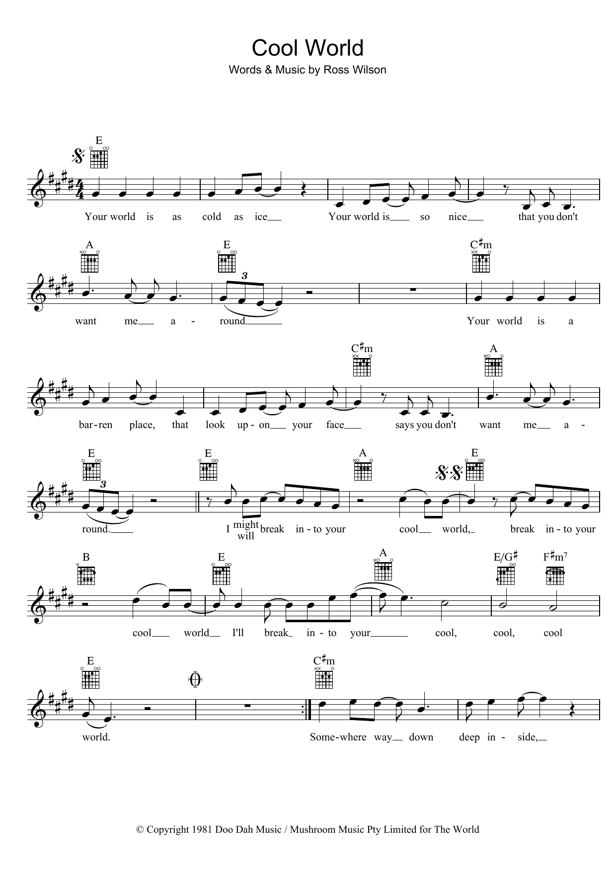Mondo Rock Cool World sheet music notes and chords arranged for Piano, Vocal & Guitar Chords (Right-Hand Melody)