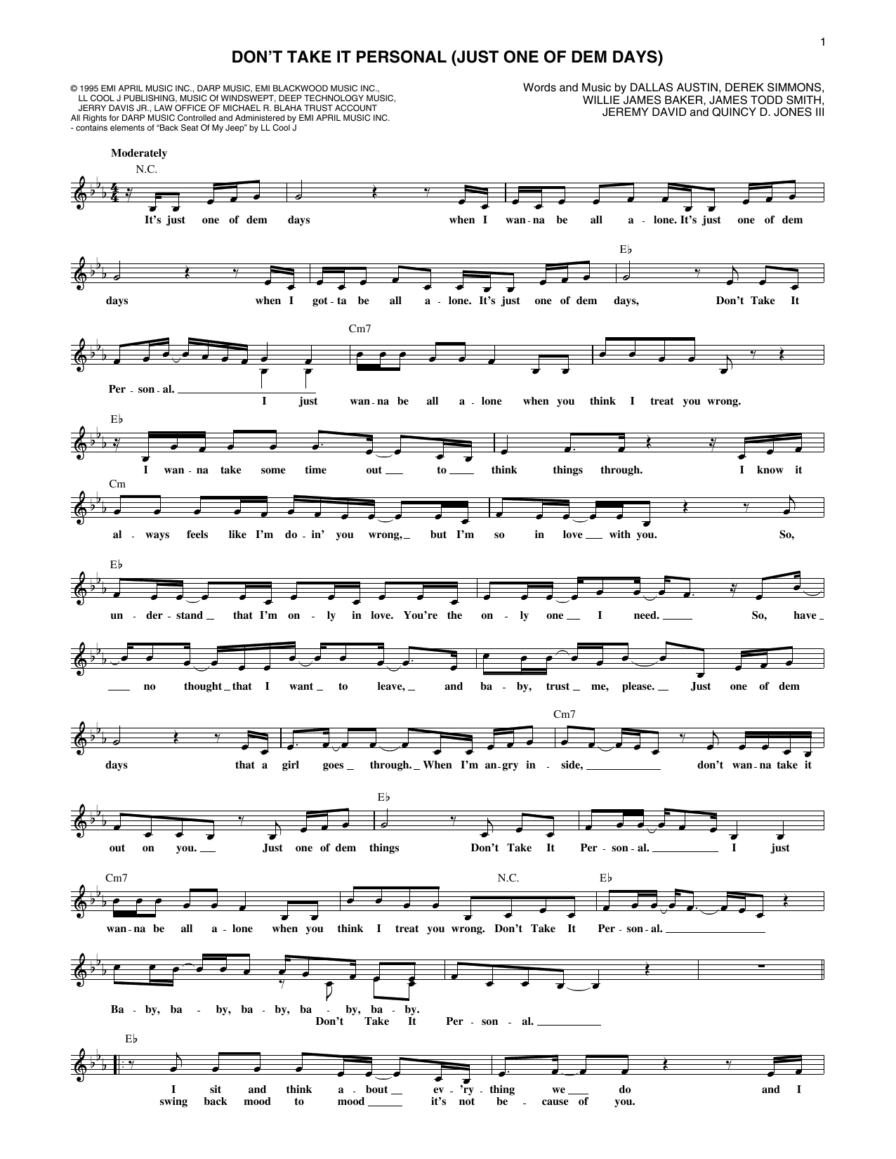 Monica Don't Take It Personal (Just One Of Dem Days) sheet music notes and chords arranged for Lead Sheet / Fake Book
