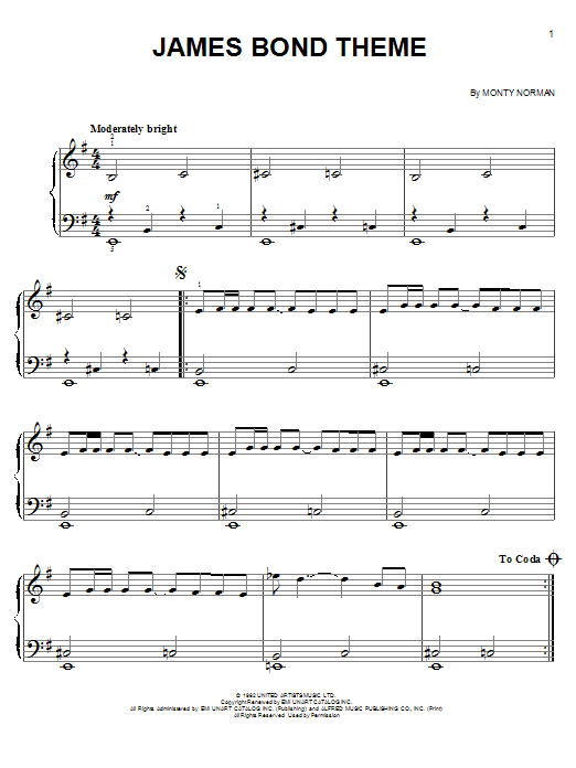 Monty Norman James Bond Theme sheet music notes and chords arranged for Very Easy Piano