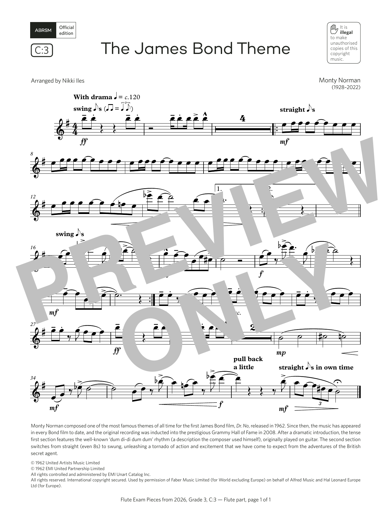 Monty Norman The James Bond Theme (Grade 3, list C3, from the ABRSM Flute Syllabus from 2026) sheet music notes and chords arranged for Flute Solo