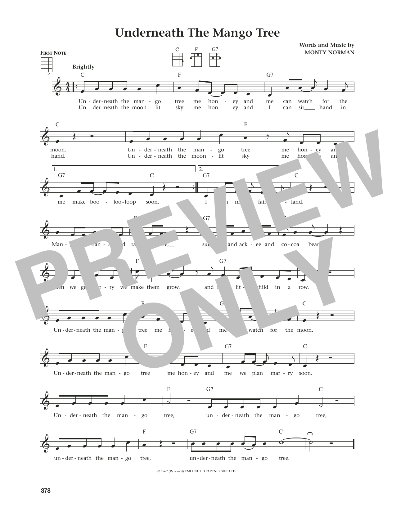 Monty Norman Underneath The Mango Tree (from The Daily Ukulele) (arr. Jim Beloff) sheet music notes and chords arranged for Ukulele
