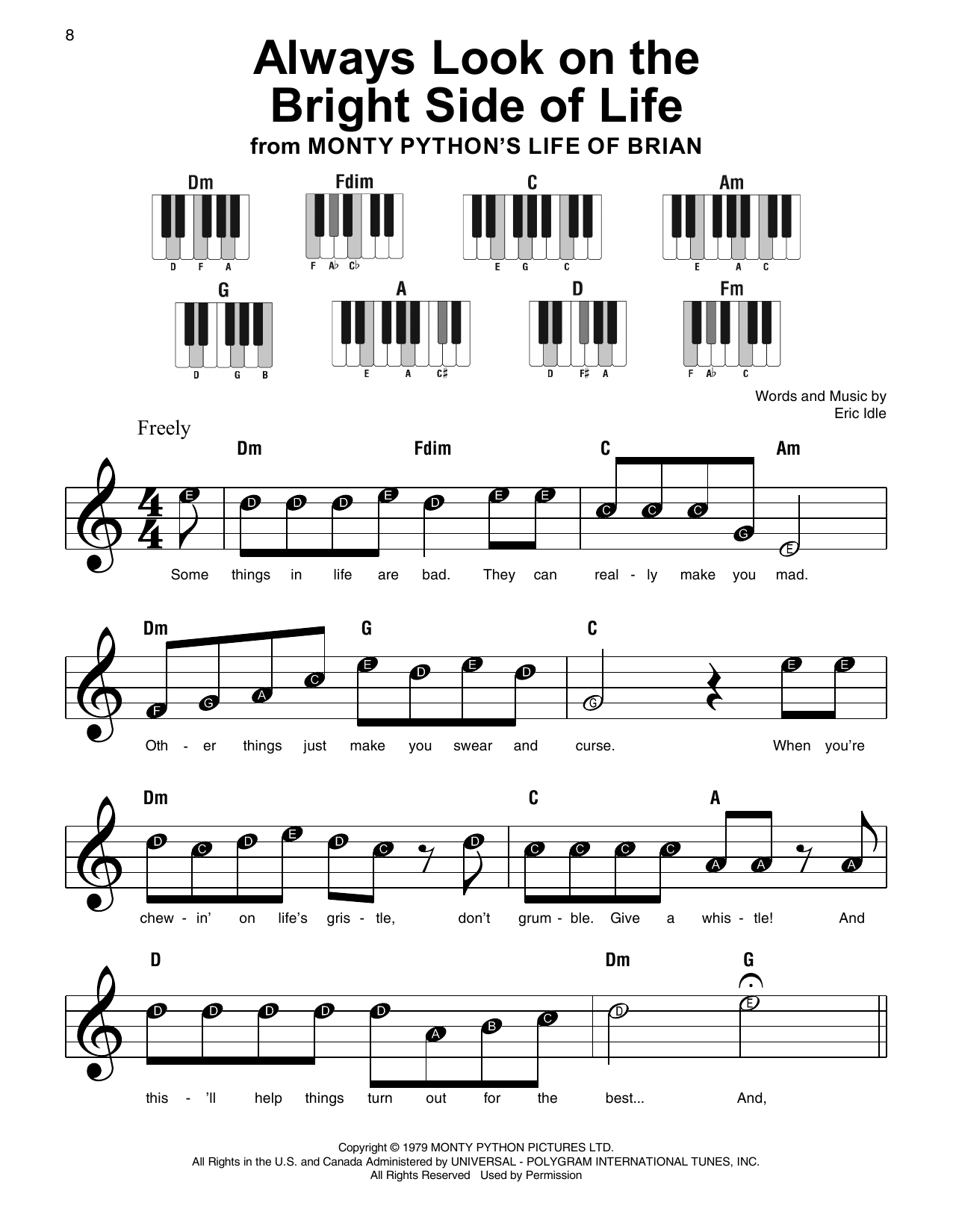 Monty Python Always Look On The Bright Side Of Life (from Spamalot) sheet music notes and chords arranged for Super Easy Piano