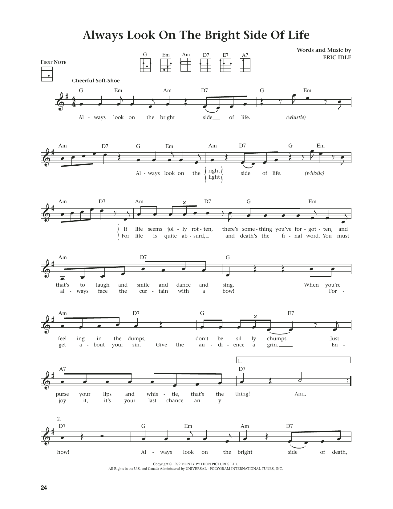 Monty Python Always Look On The Bright Side Of Life (from The Daily Ukulele) (arr. Jim Beloff) sheet music notes and chords arranged for Ukulele