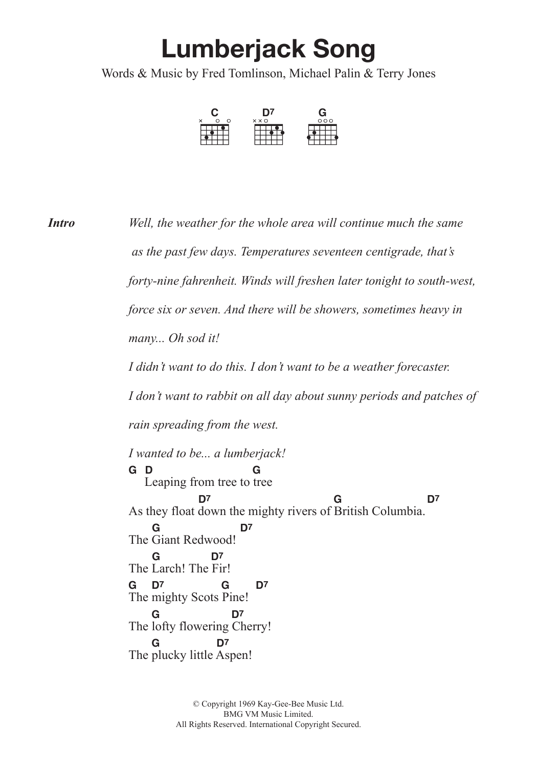 Monty Python Lumberjack Song sheet music notes and chords arranged for Guitar Chords/Lyrics