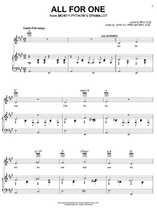 Monty Python's Spamalot All For One sheet music notes and chords arranged for Easy Piano