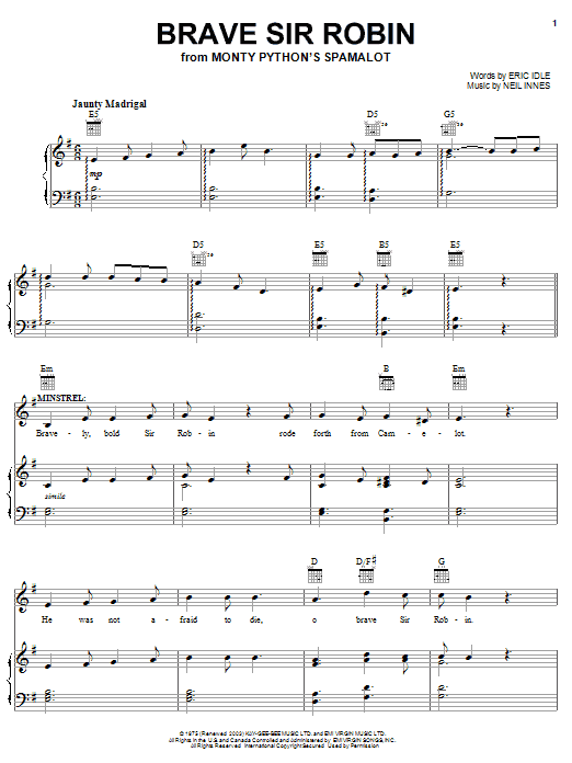 Monty Python's Spamalot Brave Sir Robin sheet music notes and chords arranged for Piano, Vocal & Guitar Chords (Right-Hand Melody)