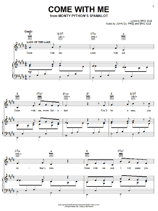 Monty Python's Spamalot Come With Me sheet music notes and chords arranged for Piano, Vocal & Guitar Chords (Right-Hand Melody)