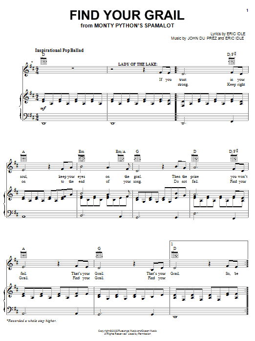 Monty Python's Spamalot Find Your Grail sheet music notes and chords arranged for Easy Piano