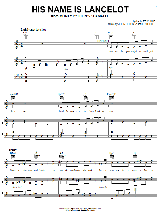 Monty Python's Spamalot His Name Is Lancelot sheet music notes and chords arranged for Easy Piano