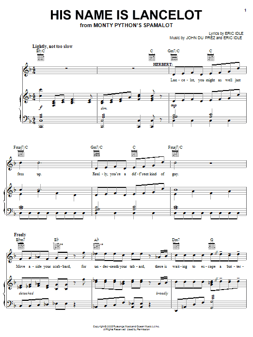 Monty Python's Spamalot His Name Is Lancelot sheet music notes and chords arranged for Piano, Vocal & Guitar Chords (Right-Hand Melody)