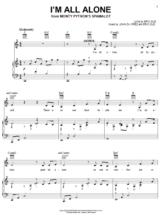 Monty Python's Spamalot I'm All Alone sheet music notes and chords arranged for Piano, Vocal & Guitar Chords (Right-Hand Melody)