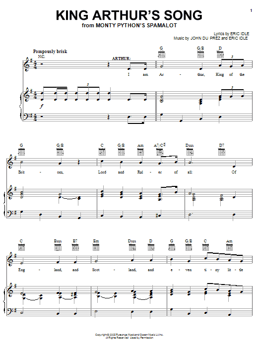 Monty Python's Spamalot King Arthur's Song sheet music notes and chords arranged for Piano, Vocal & Guitar Chords (Right-Hand Melody)