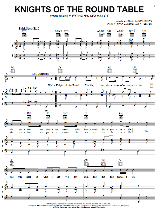 Monty Python's Spamalot Knights Of The Round Table sheet music notes and chords arranged for Piano, Vocal & Guitar Chords (Right-Hand Melody)