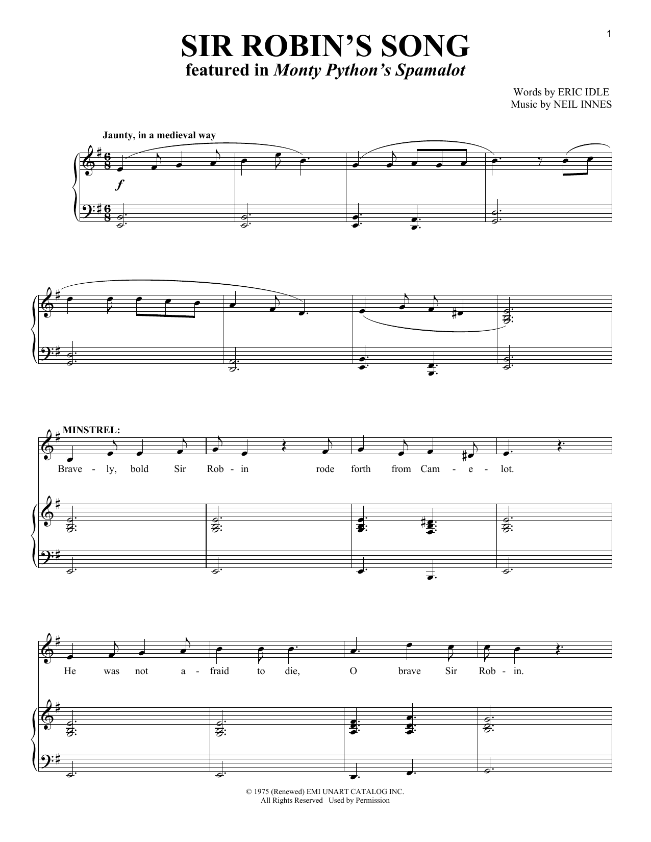 Monty Python's Spamalot Robin's Song sheet music notes and chords arranged for Piano & Vocal