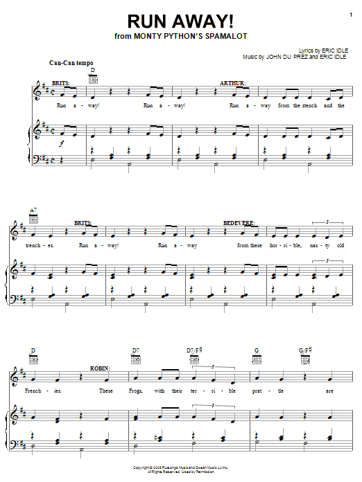 Monty Python's Spamalot Run Away! sheet music notes and chords arranged for Easy Piano