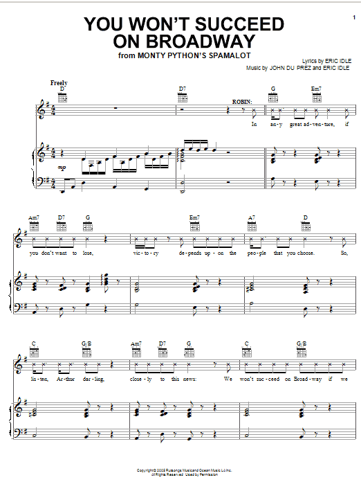 Monty Python's Spamalot You Won't Succeed On Broadway sheet music notes and chords arranged for Piano & Vocal