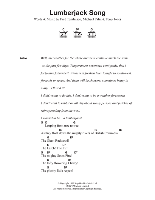Monty Python Lumberjack Song sheet music notes and chords arranged for Guitar Chords/Lyrics